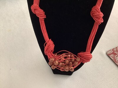 String necklace with wooden beads. Salmon and brown colors. 21” - image2
